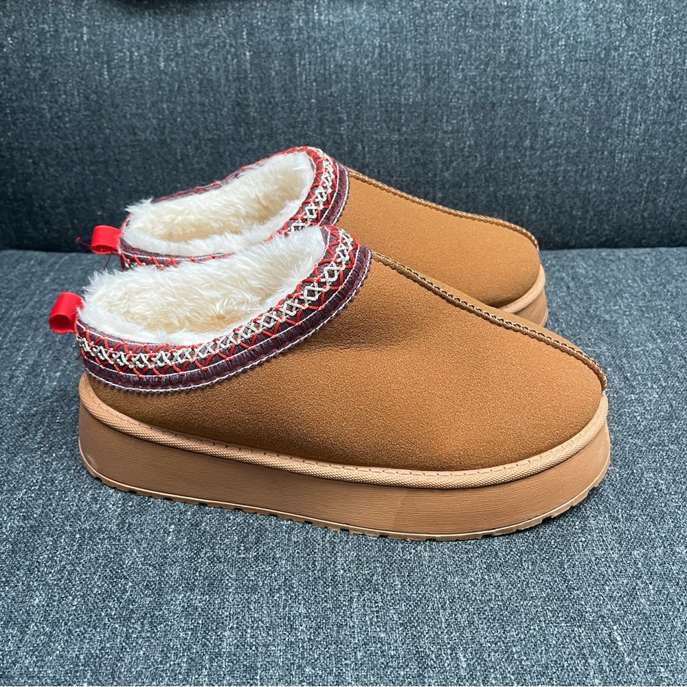 Cozy Brown Slip-On Slippers with Red Accents